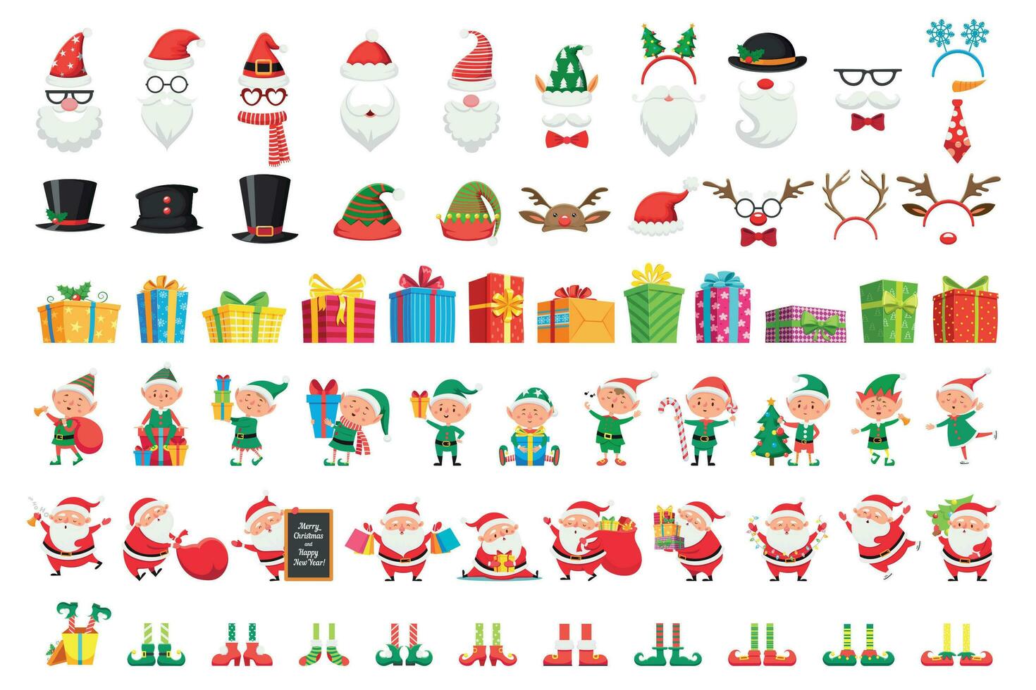 tecknad serie jul samling. xmas hattar och ny år gåvor. santa claus och älvor hjälpare tecken vektor uppsättning