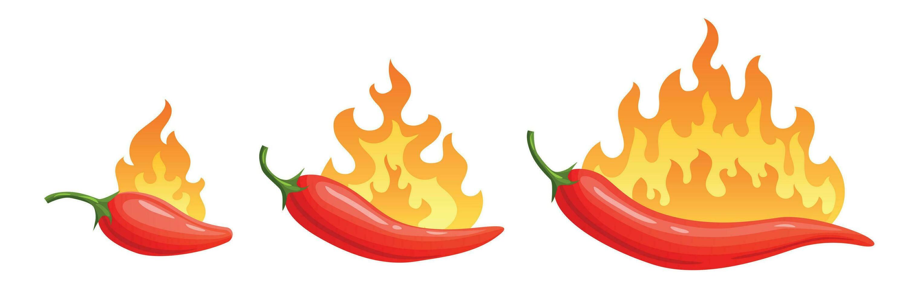 Karikatur heiß Pfeffer. würzig Pfeffer mit Feuer Flammen und Flammen rot Chili Vektor Symbole einstellen