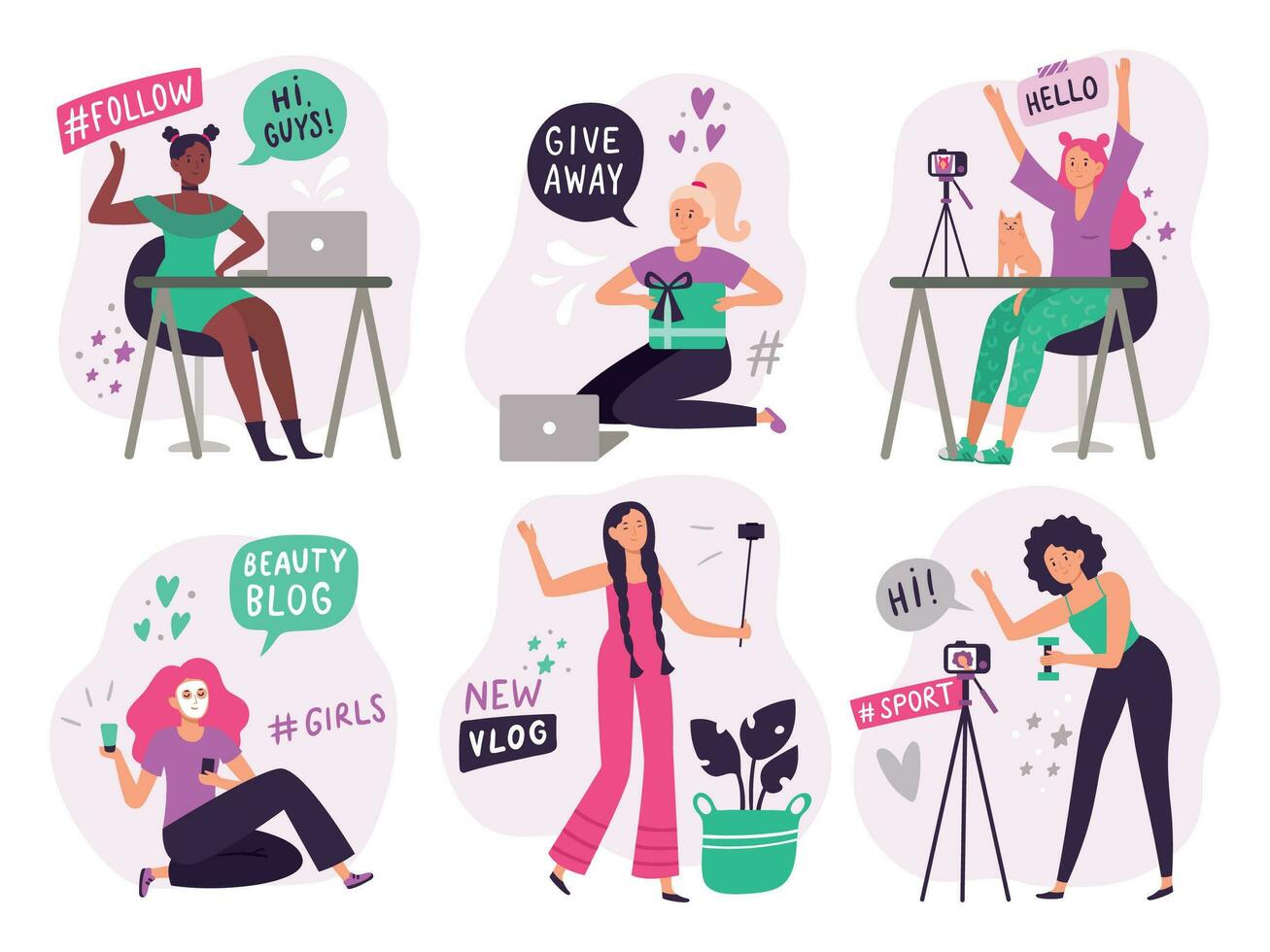 söt bloggare flickor. skönhet bloggare skapa och posta video innehåll, leende vlogger flicka och uppkopplad ung kvinna blog platt vektor illustration uppsättning