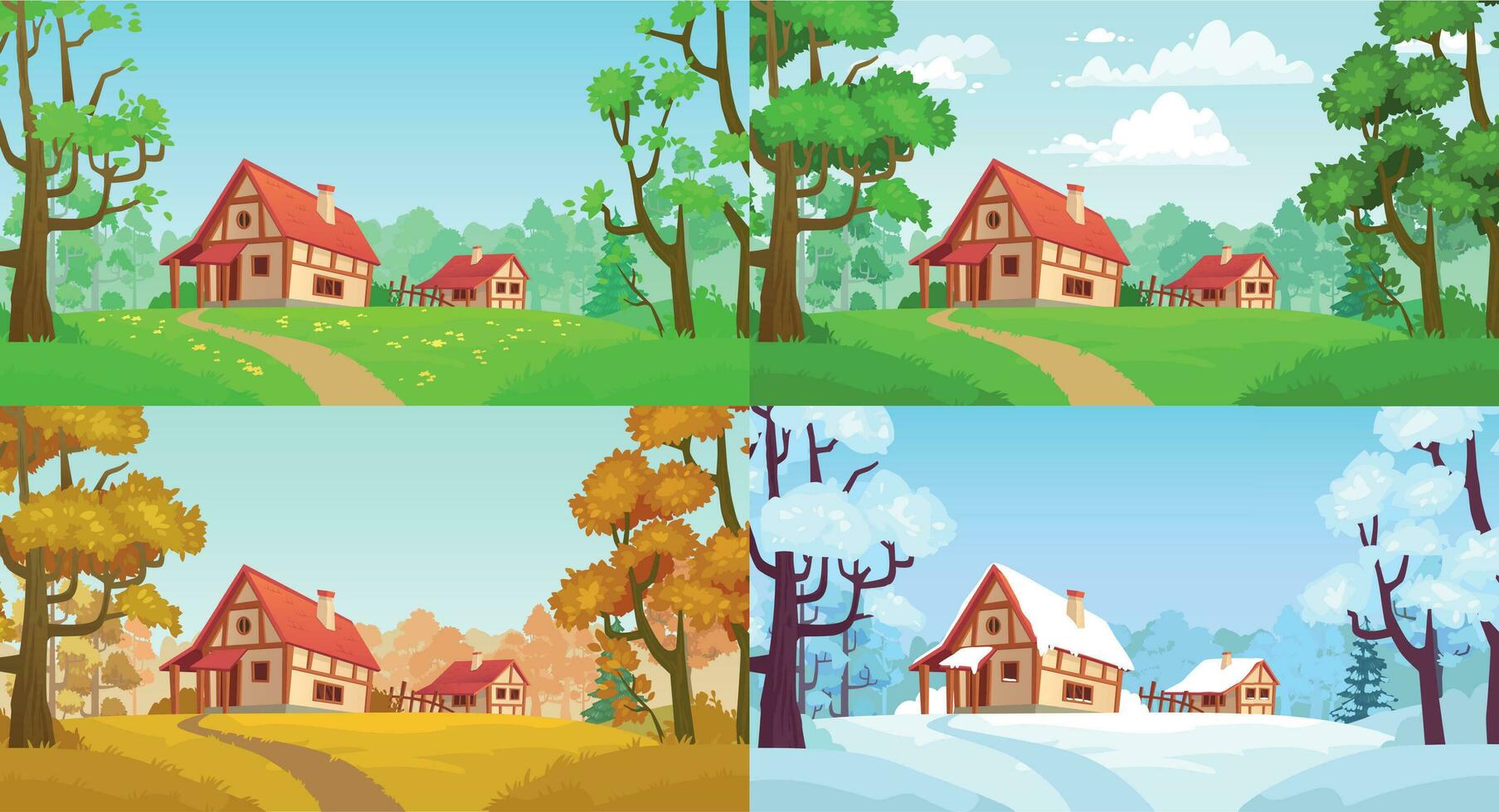 Karikatur Haus im Wald. Wald Dorf vier Jahreszeiten Landschaften. Frühling, Sommer, Herbst und Winter Bäume Vektor Illustration