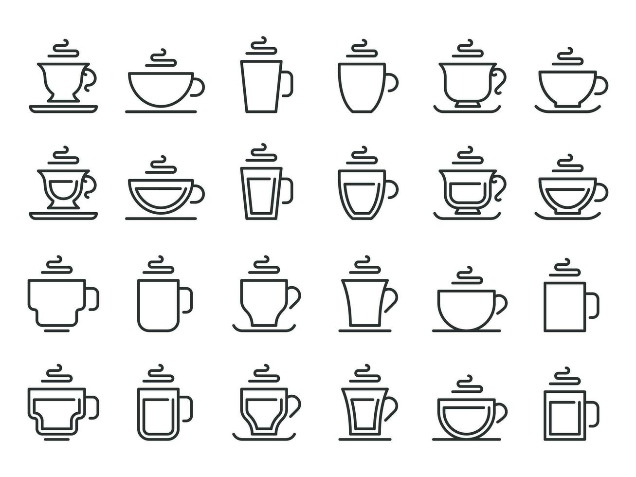 heiß trinken Tasse Gliederung Symbol. Kaffee Tassen Linie Piktogramm, Kakao und Tee Becher Vektor Symbol einstellen