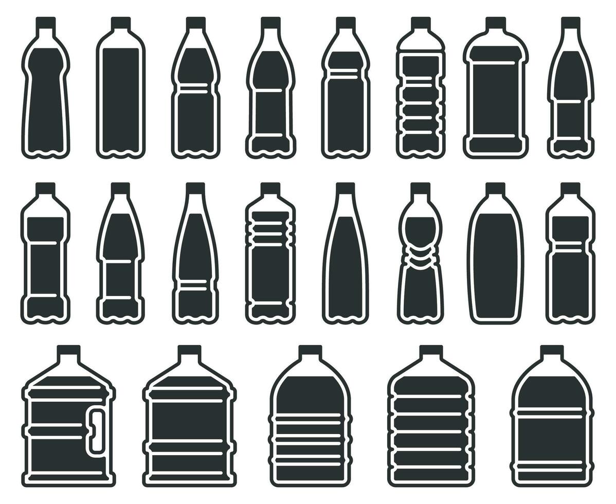 plast flaskor silhuett ikon. mineral vatten dryck flaska, kylare ren vätskor paket stencil vektor ikoner uppsättning