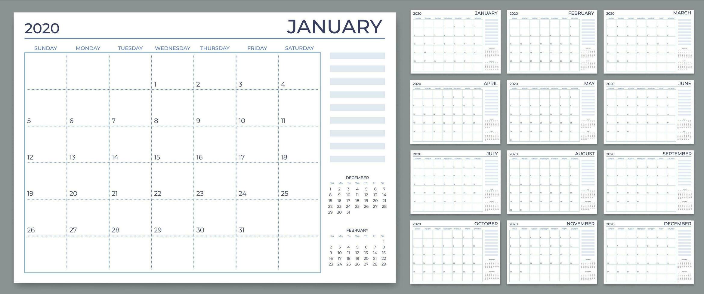 en gång i månaden planerare mall. år kalender anteckningar rutnät, 2020 planerare ark och årlig schemaläggning kalendrar vektor uppsättning
