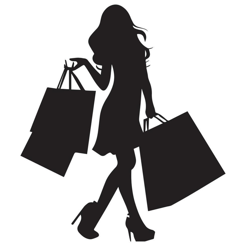 ein glücklich Einkaufen Mädchen mit ein Menge von Einkaufen Tasche Vektor Silhouette.