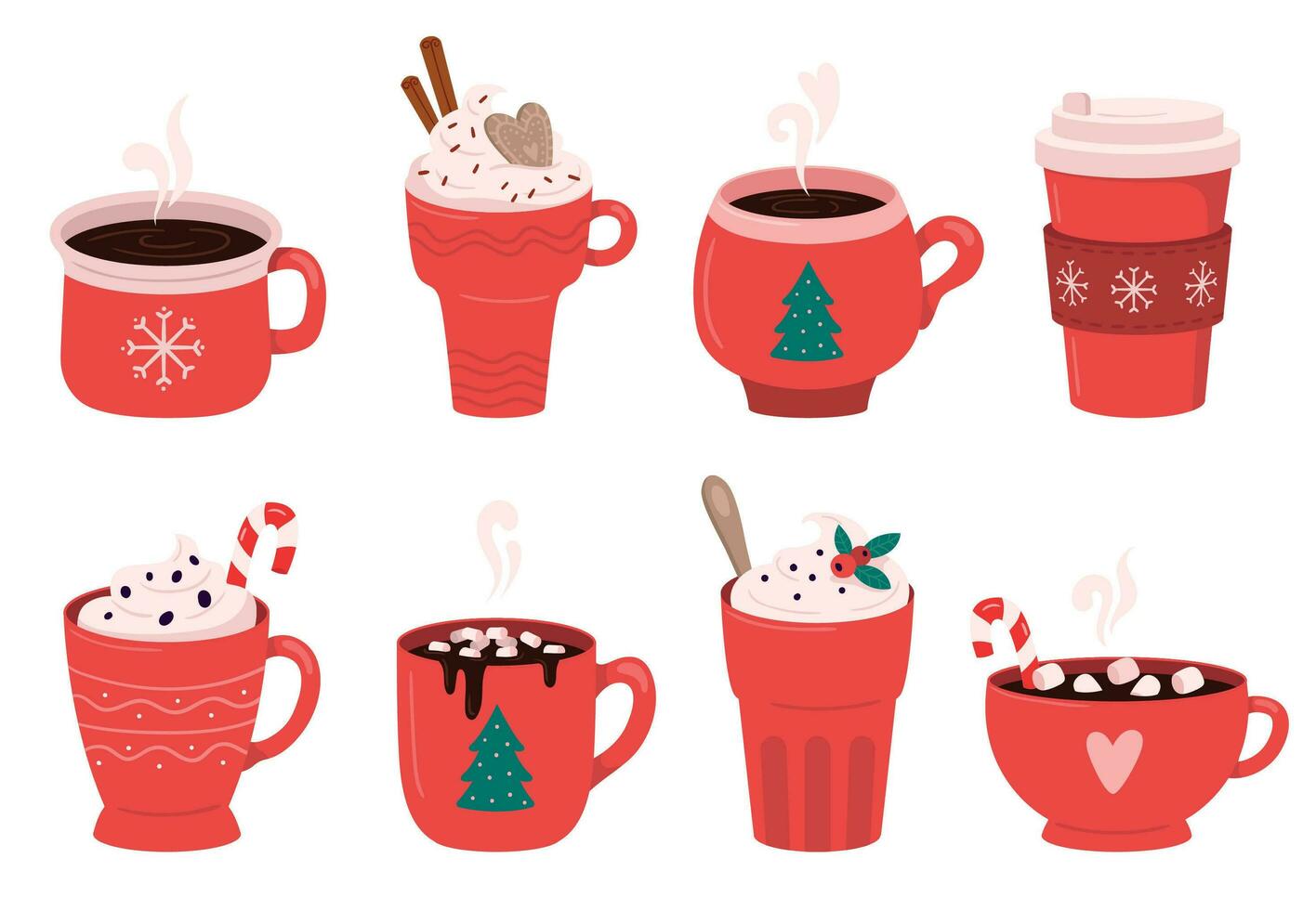 Weihnachten Urlaub Kaffee Becher. Kakao mit Marshmallows, Winter Erwärmen Getränke und heiß Espresso Tasse Vektor Illustration einstellen