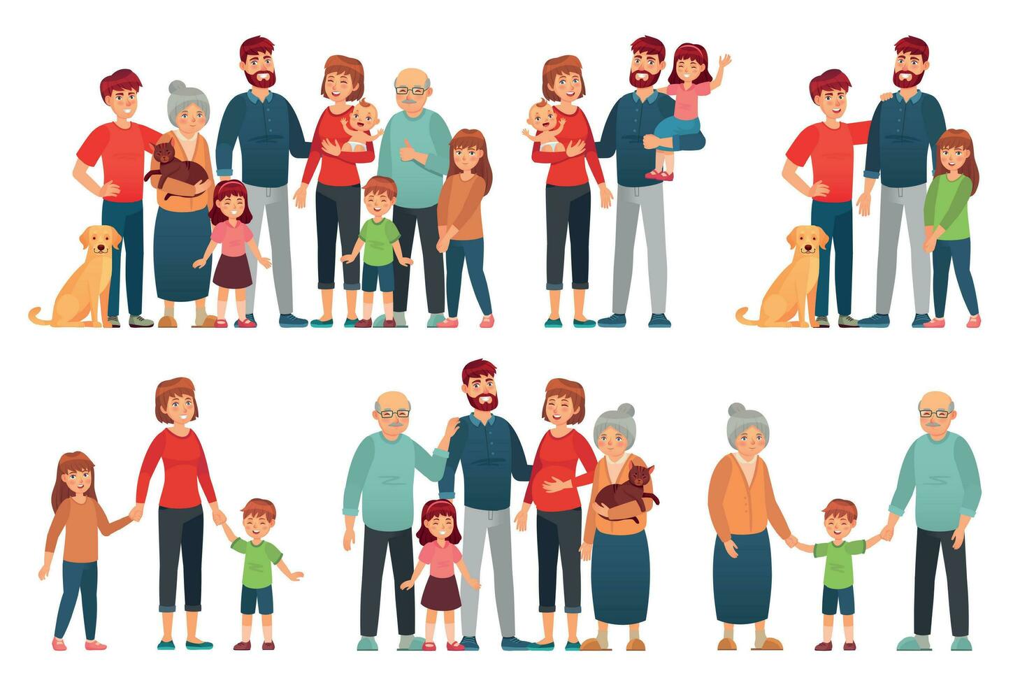 Karikatur Familie Porträts. glücklich Eltern und Kinder Porträt, alt Oma und Großvater. groß Familie Vektor Illustration einstellen