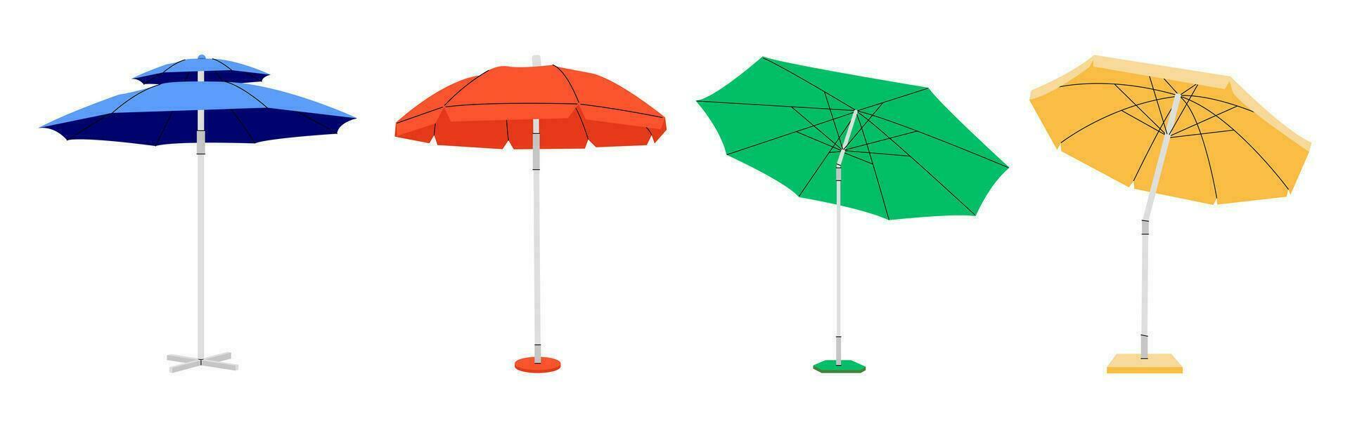 Sonne schützend draussen Regenschirm zum Strand. hell einstellen von verschiedene Strand Regenschirme. groß Sonnenschirm zum Sommer- Ferien oder Strand Picknick. Vektor eben Stil Karikatur Illustration, alle Elemente sind isoliert