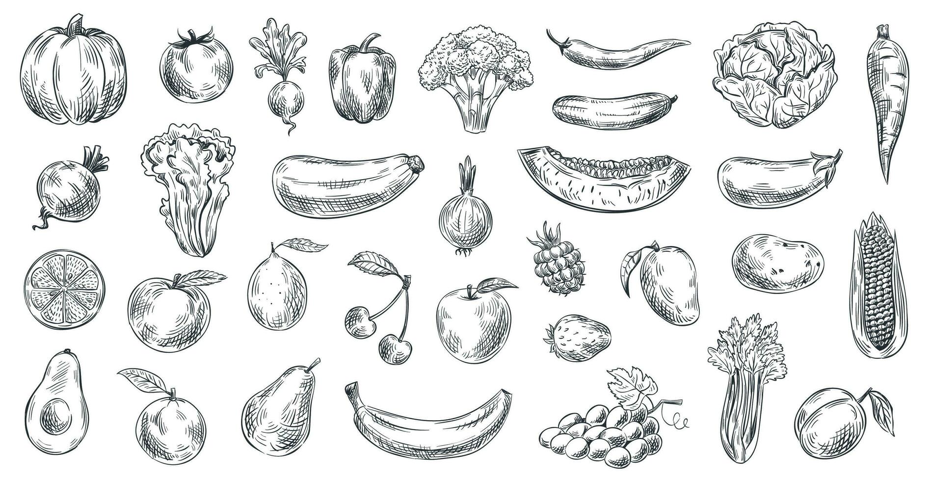 skissat grönsaker och frukter. hand dragen organisk mat, gravyr vegetabiliska och frukt skiss vektor illustration uppsättning