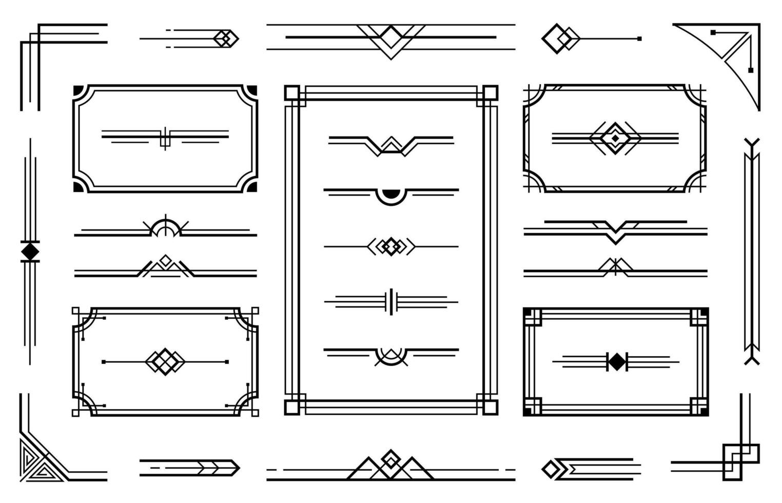 linjär geometrisk konst deco ornament. retro märka ram, minimal dekorativ prydnad avdelare och dekorativ gränser vektor uppsättning. minimalistisk geometrisk dekorativ design element samling