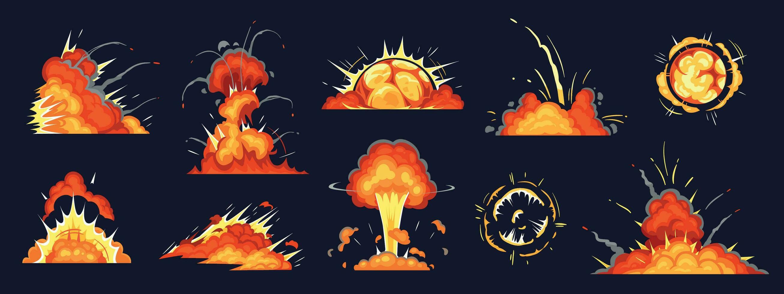 Karikatur Bombe Explosion. Dynamit Explosionen, Achtung explosiv Bombe Detonation und atomar Bomben Wolke Comics Vektor Illustration einstellen