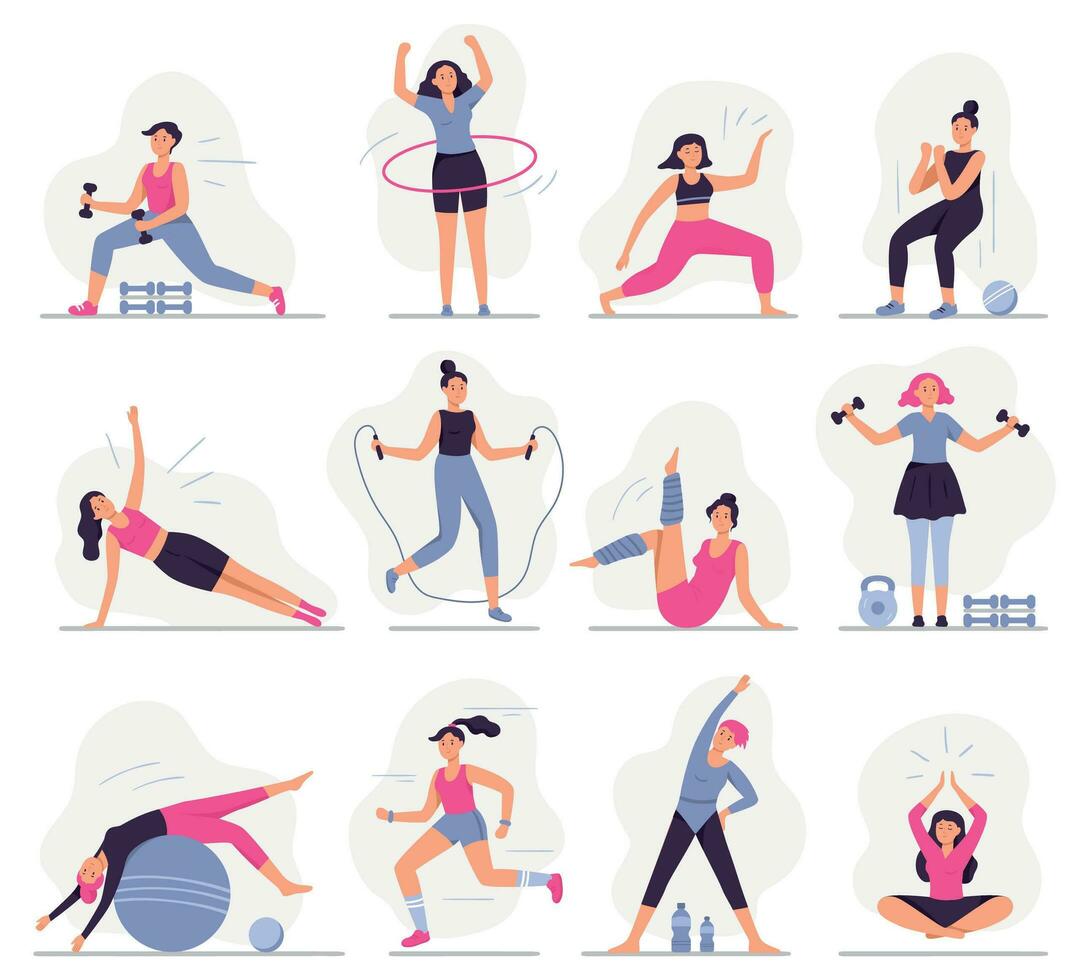 Frau Sport Aktivitäten. schön jung Frau tun Fitness Aktivitäten, weiblich Charakter Lauf und Yoga Übungen Vektor Illustration Satz. Sportlerinnen Arbeiten aus. gesund Lebensstil, aktiv trainieren