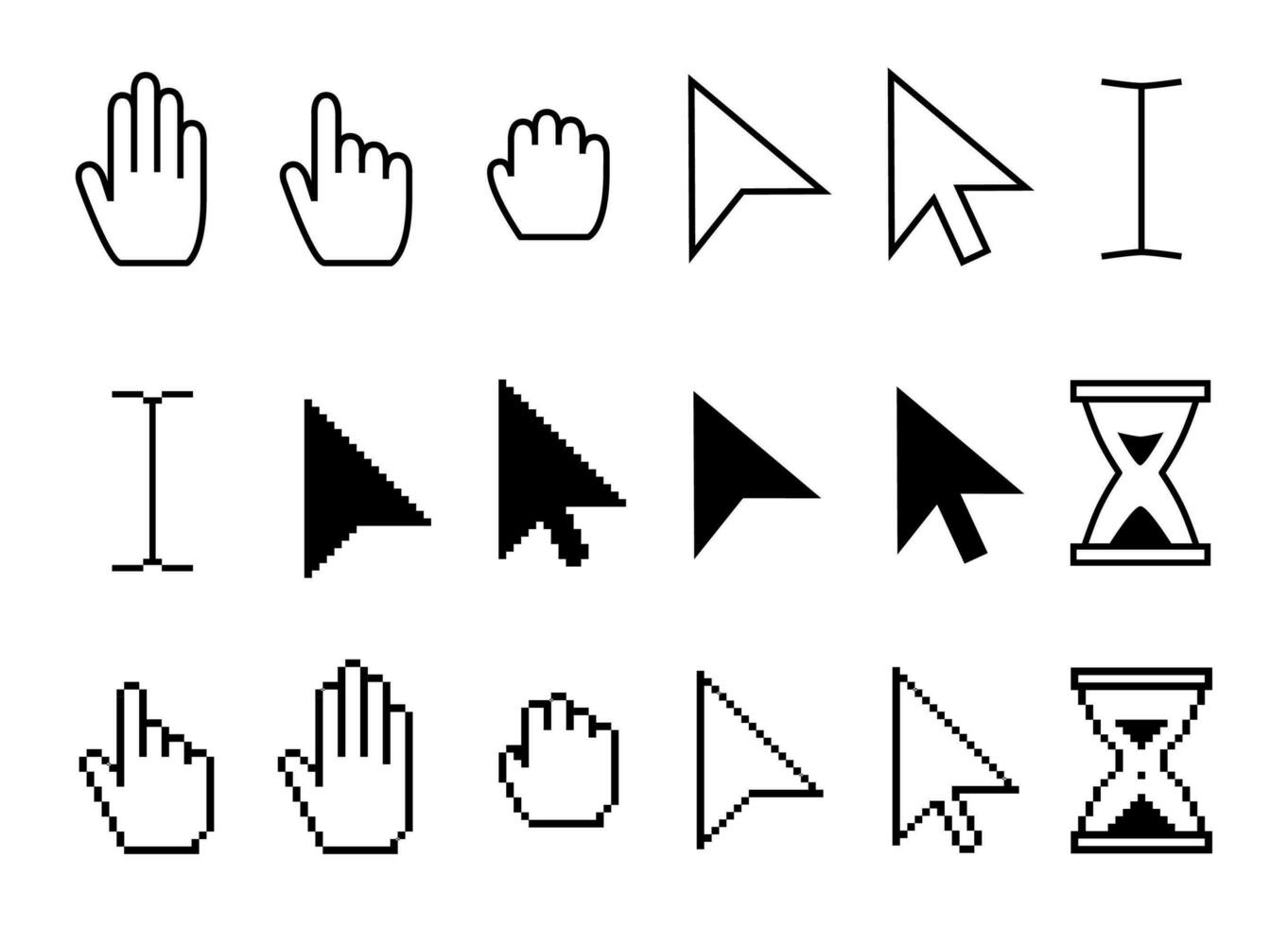 Zeiger Mauszeiger Symbole. Netz Pfeile Cursor, Maus Klicken und greifen Hand Pixel Symbol Vektor Sammlung