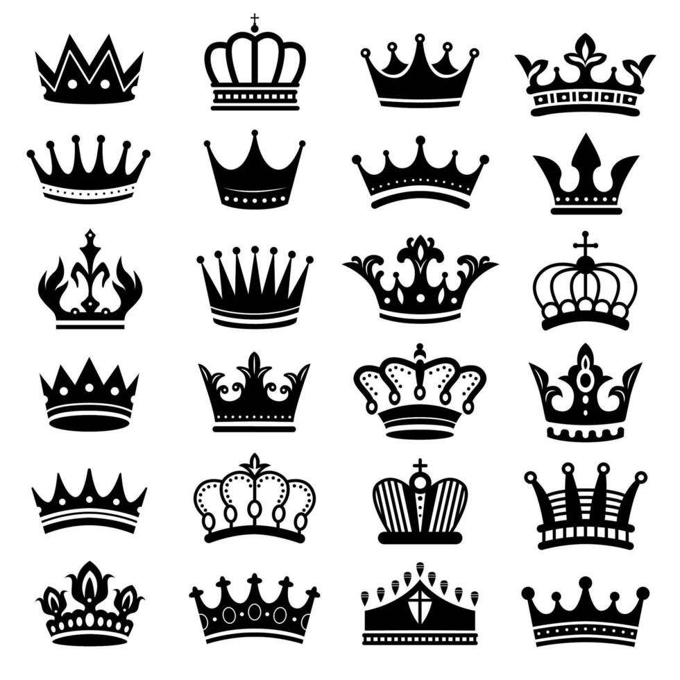 königlich Krone Silhouette. König Kronen, majestätisch Krone und Luxus Tiara Silhouetten Vektor einstellen