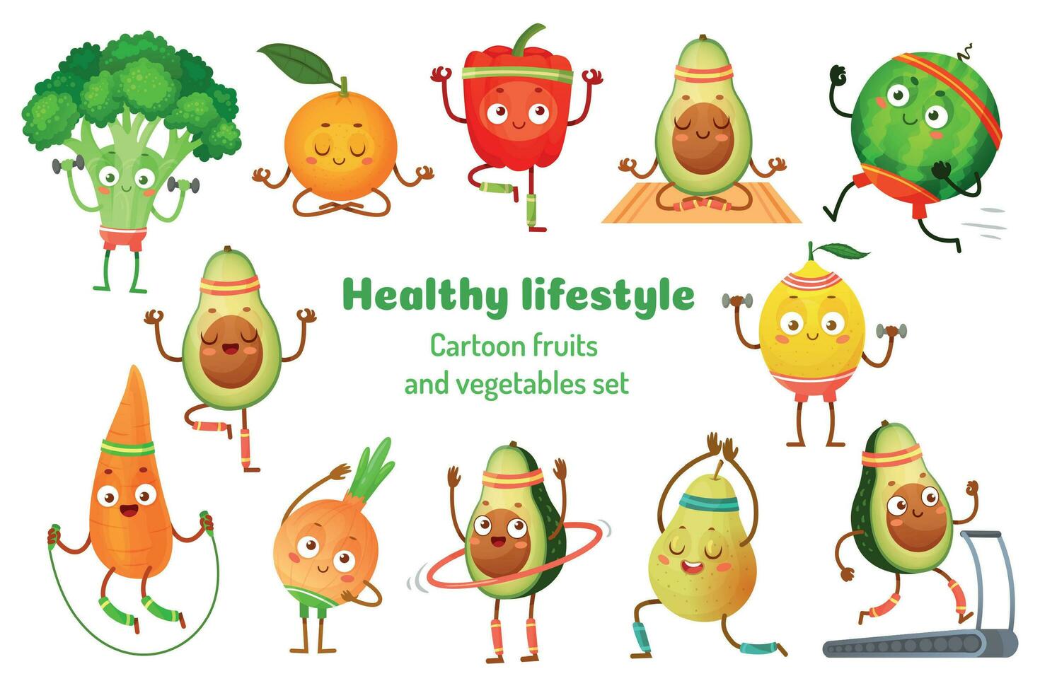 Sport Früchte und Gemüse. gesund Lebensstil Maskottchen, Obst Sport Übung und Avocado Yoga trainieren Karikatur Vektor Illustration einstellen