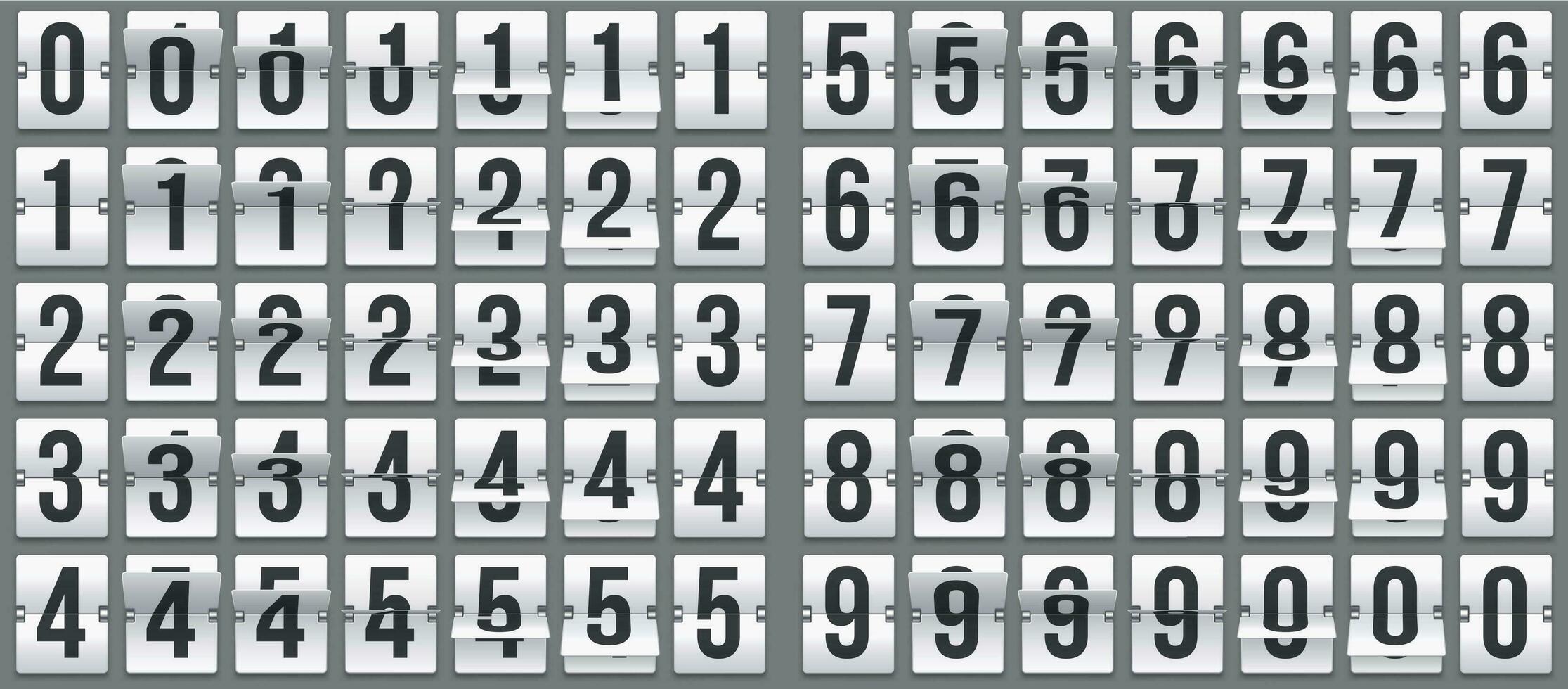 Flip Uhr Zahlen. retro Countdown Animation, mechanisch Anzeigetafel Nummer und numerisch Zähler flippt Vektor einstellen