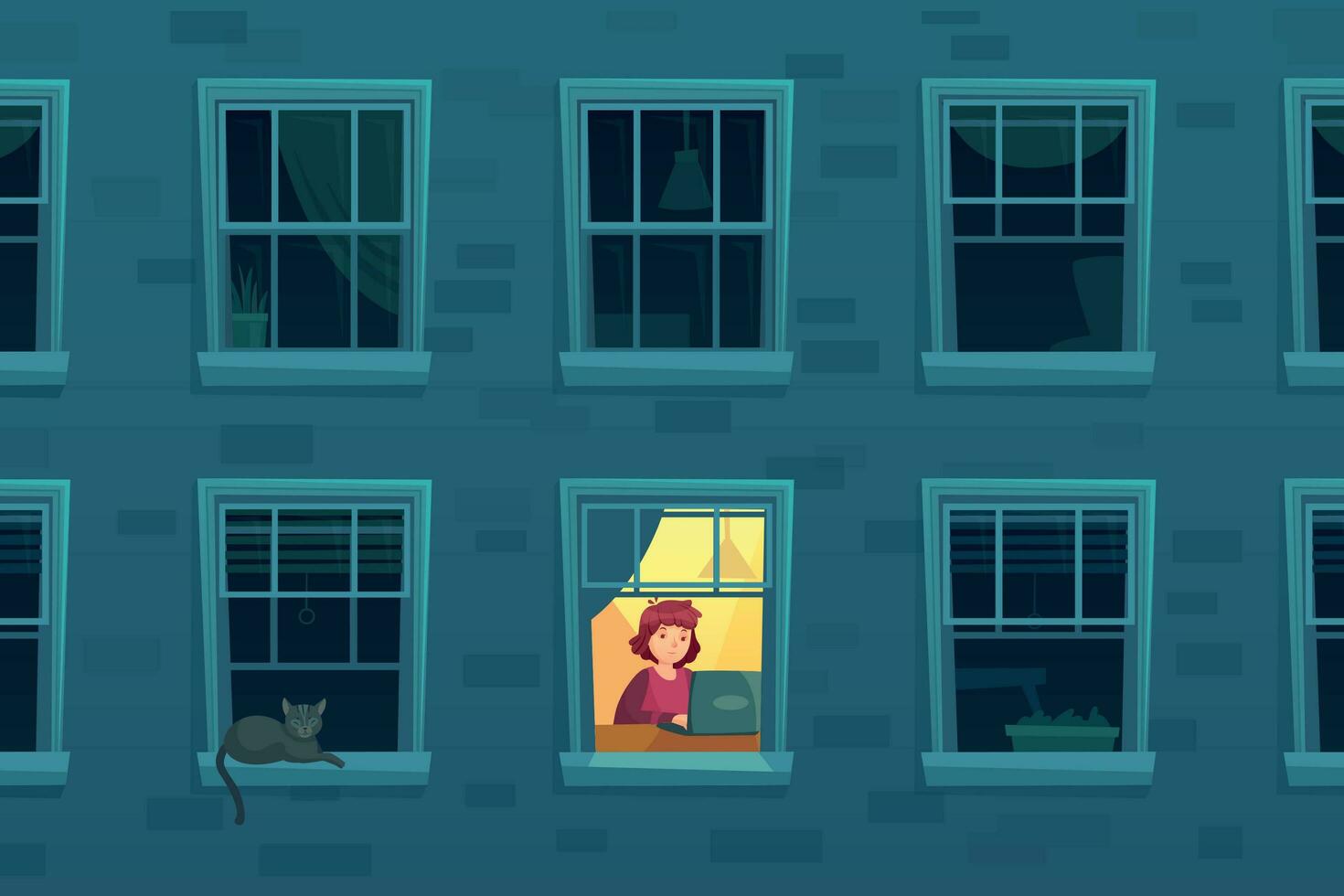 arbetssätt på natt. upptagen workaholic Arbetar Hem på nätter när grannar sovande, ensam man i fönster ram tecknad serie vektor illustration