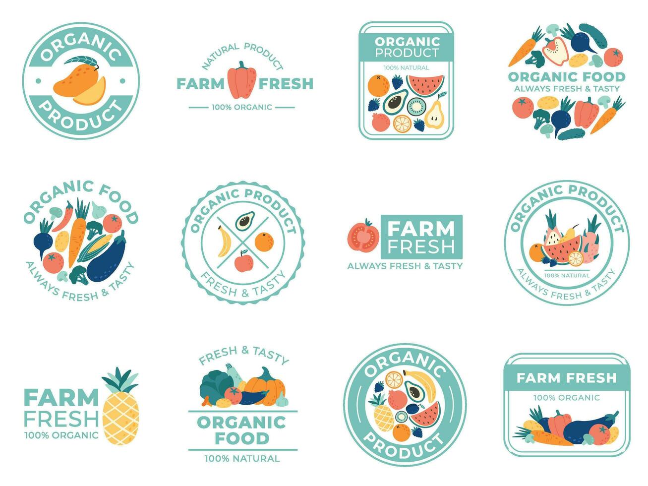 färsk frukt och grönsaker märken. organisk mat, naturlig Produkter och sommar frukt. vegetabiliska bricka vektor illustration uppsättning