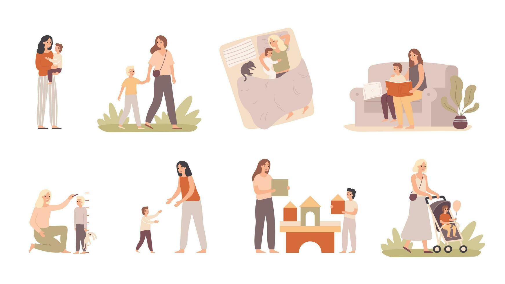 mor och son. mamma höjning barn, moderskap kärlek och moms kramar för liten pojke vektor illustration