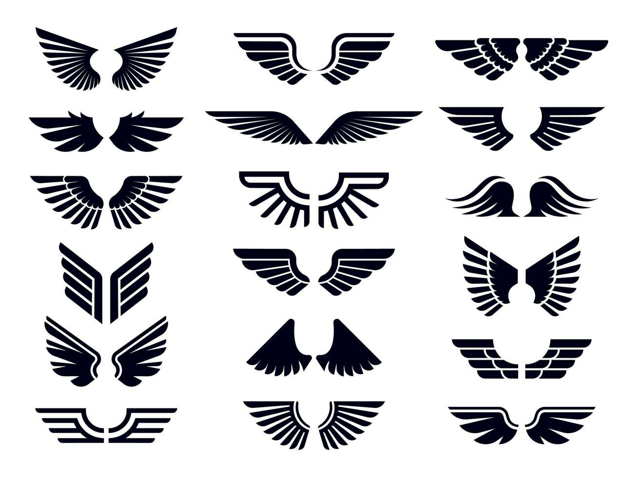 Silhouette Paar von Flügel Symbol. Engel Flügel, dekorativ fliegen Emblem und Adler Schablone Symbole Vektor Symbole bündeln