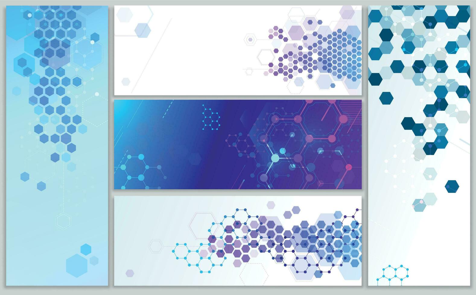 molekular Struktur Banner. abstrakt sechseckig Netz, Chemie Strukturen und DNA Modell- Wissenschaft Vektor Banner Illustration einstellen