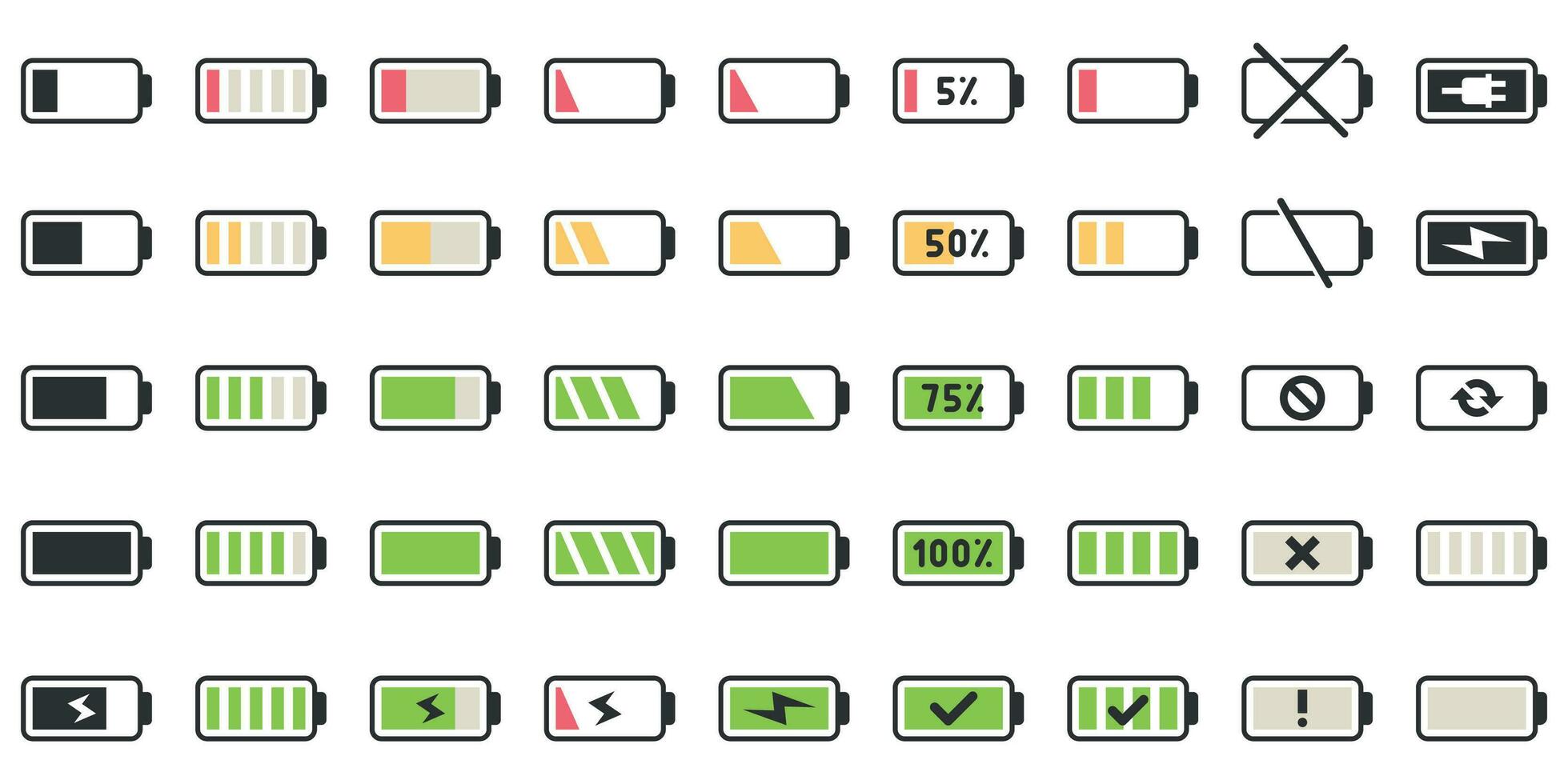 Batterie aufladen Symbole. angetrieben Indikator, Laden leeren Batterien und niedrig Batterie Leistung Symbol Vektor Illustration einstellen