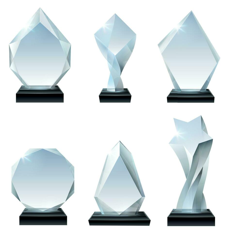 glas trofén tilldela. akryl utmärkelser, kristall form troféer och vinnare tilldela glasig styrelse transparent realistisk vektor uppsättning