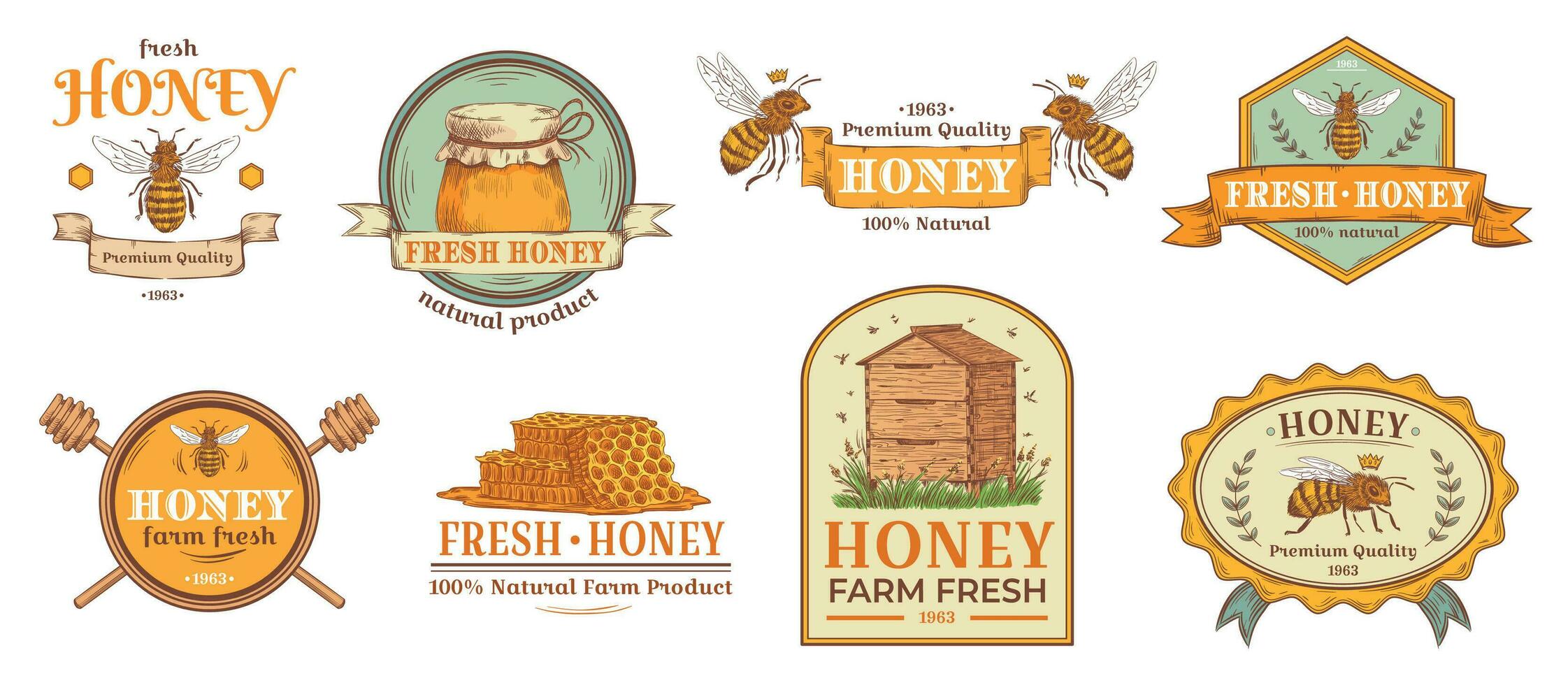 Honig Abzeichen. natürlich Biene Bauernhof Produkt Etikett, organisch Bienenzucht Pollen und Bienen Bienenstock Emblem Abzeichen Vektor Illustration einstellen