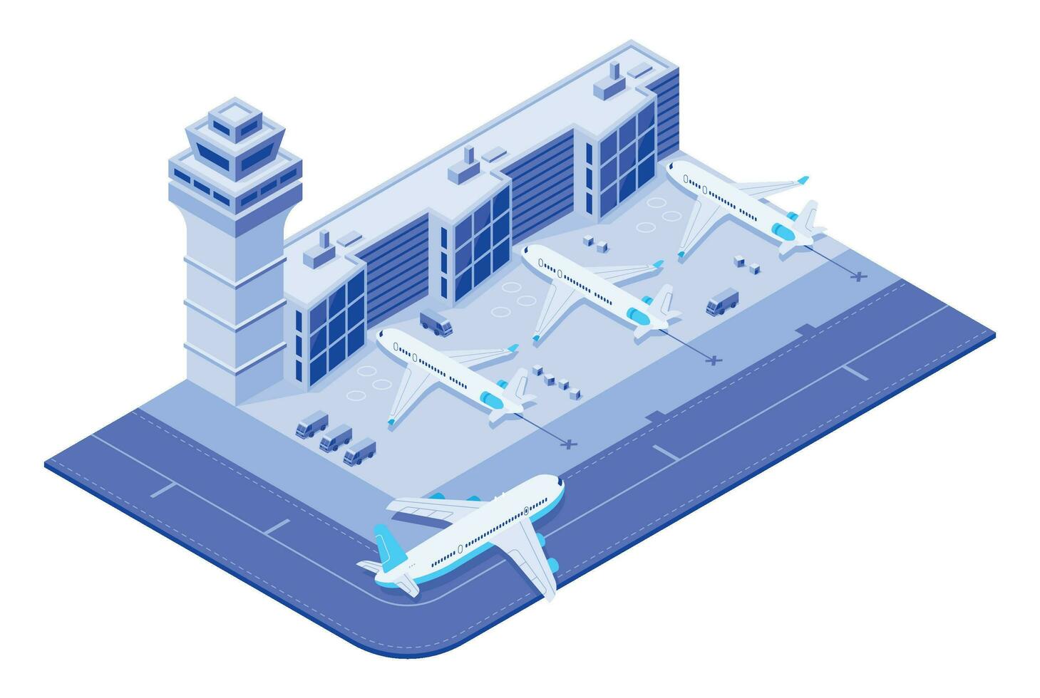 isometrisch Flughafen Terminal. Jet Flugzeug auf Runway, Flugzeuge Flug Reise und der Verkehr Steuerung Turm 3d Vektor Illustration