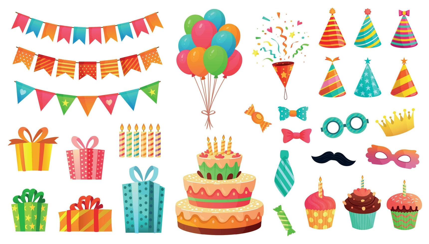 tecknad serie födelsedag fest dekorationer. gåvor presenterar, ljuv muffins och firande kaka. färgrik ballonger vektor illustration uppsättning