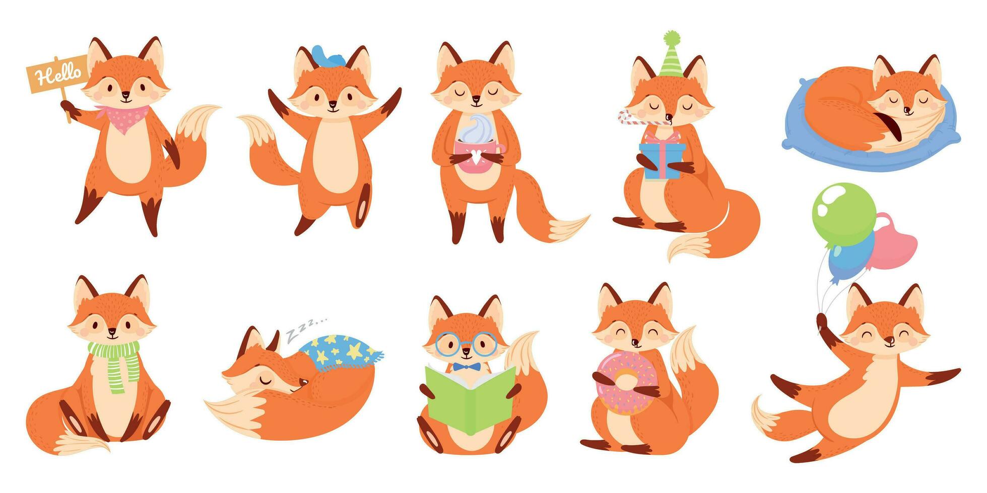 tecknad serie räv maskot. rolig djur- karaktär, söt röd rävar med svart tassar vektor illustration uppsättning