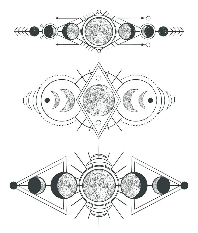 Monde Phasen im Mystiker Himmel. Mutter Mond, Hand gezeichnet heidnisch tätowieren oder skizzieren Wicca Mond Göttin Vektor Illustration Satz. Mond- Phasen einfarbig Zeichnungen Pack. uralt Astronomie, Okkulte Symbole