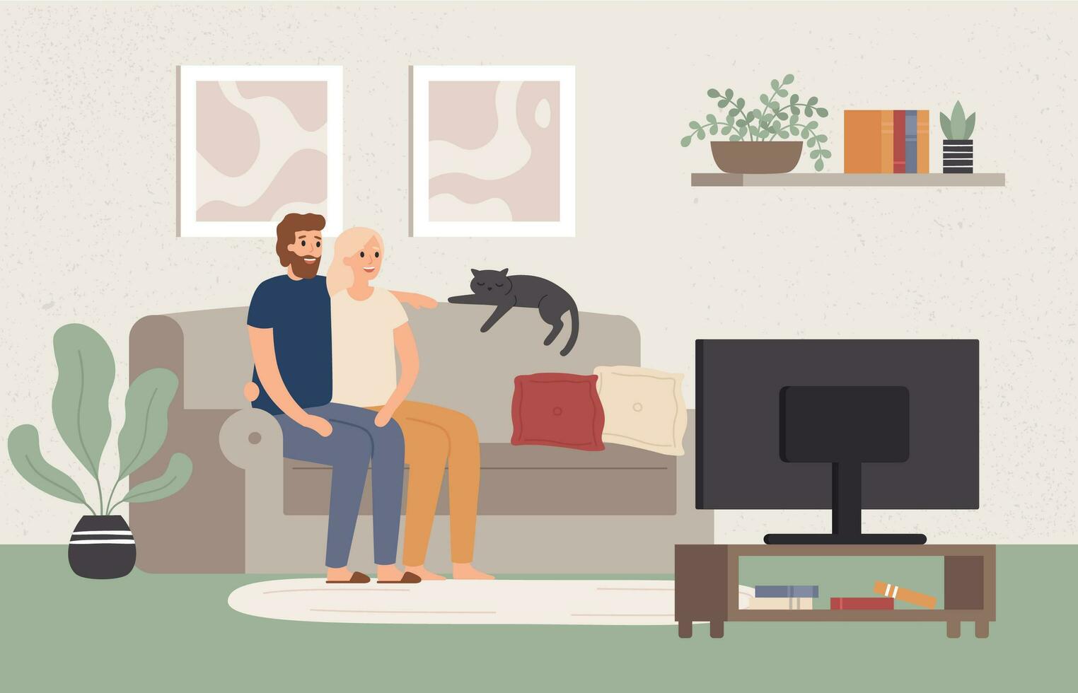 ung par Kolla på TV tillsammans. Lycklig man och kvinna Sammanträde på soffa och tittar på tv show. film natt vektor illustration