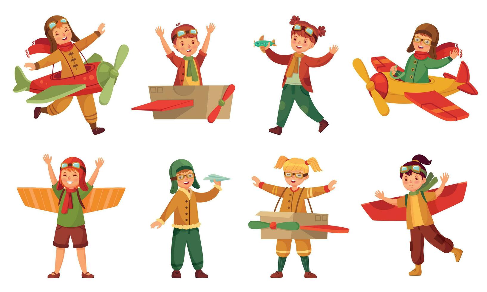 Kinder im Pilot Kostüme. Papier Spielzeug Flugzeug Flügel, bezaubernd Kinder abspielen mit Flugzeuge Spielzeuge und Kind Flugzeug Modellieren Vektor einstellen