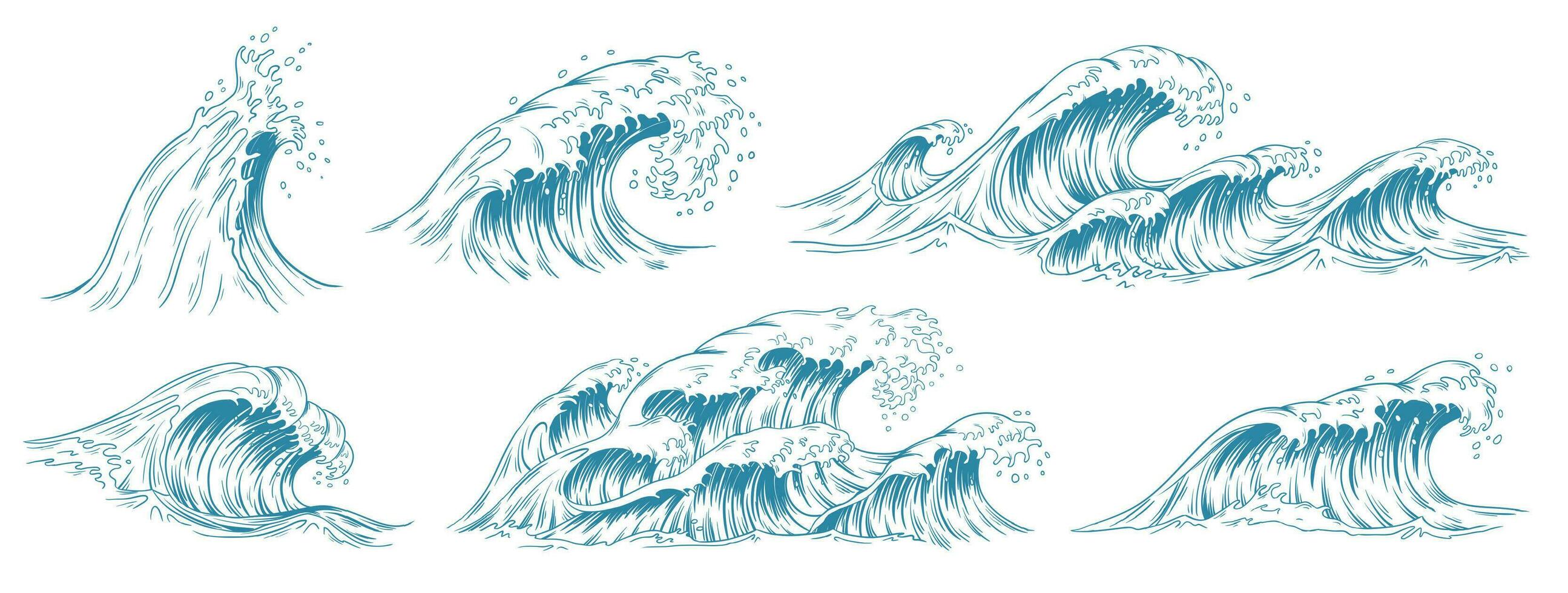 hav vågor skiss. storm Vinka, årgång tidvatten och hav strand stormar hand dragen vektor illustration uppsättning