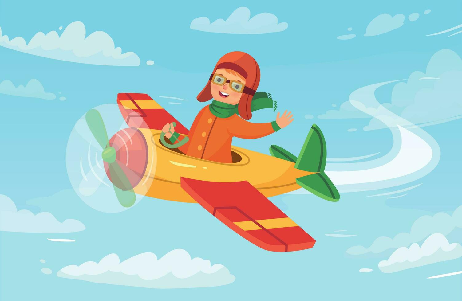 tecknad serie unge pilot. barn flygare flygande i flygplan, liten pojke avia resa och flygplan flyg i himmel vektor illustration