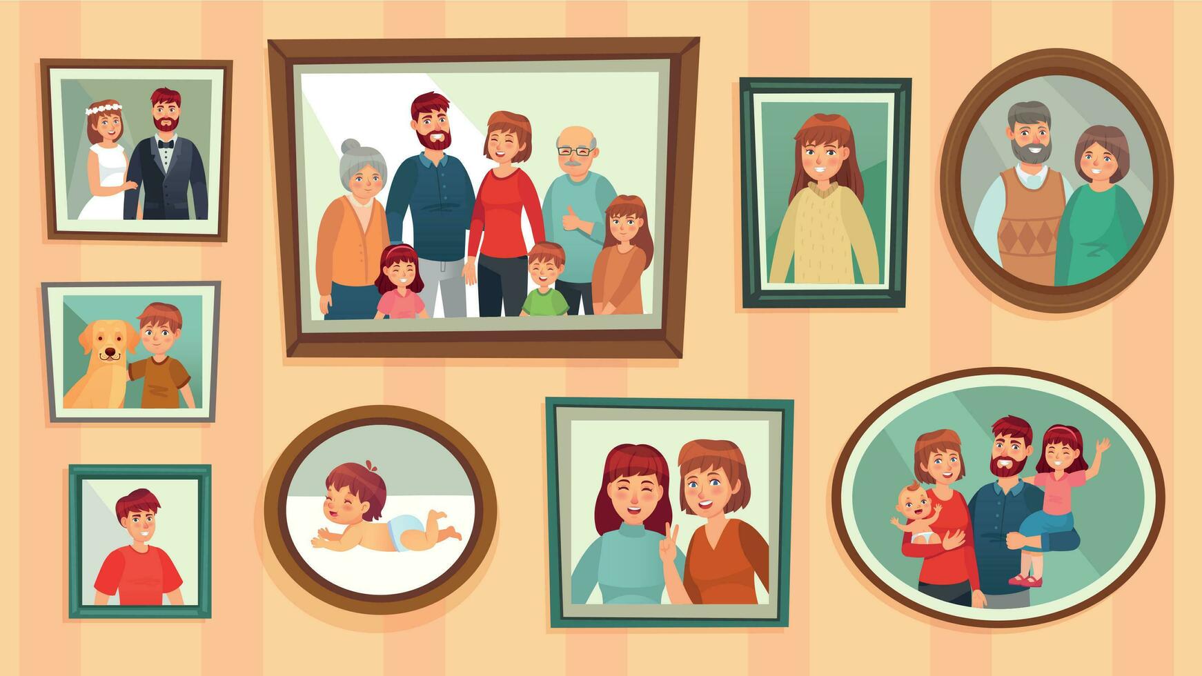 tecknad serie familj Foto ramar. Lycklig människor porträtt i vägg bild ramar, familj porträtt foton vektor illustration