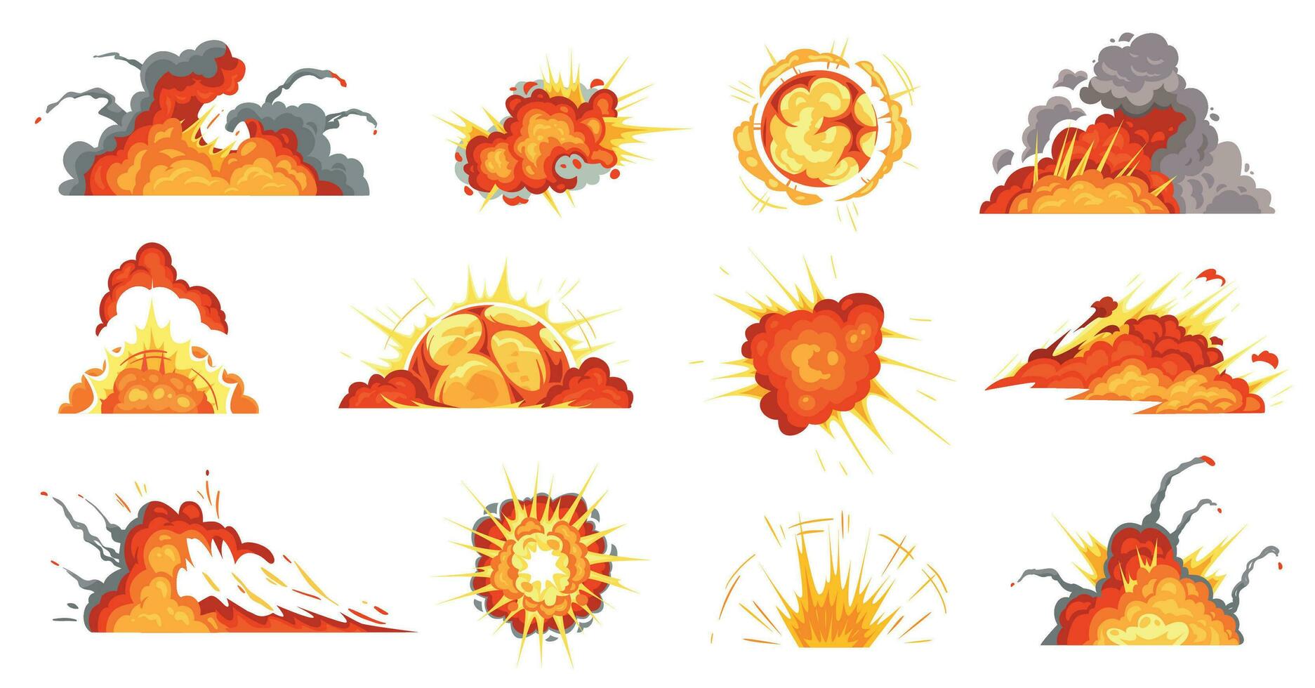 tecknad serie explosioner. exploderande bomba, brand moln och explosion brista vektor illustration uppsättning