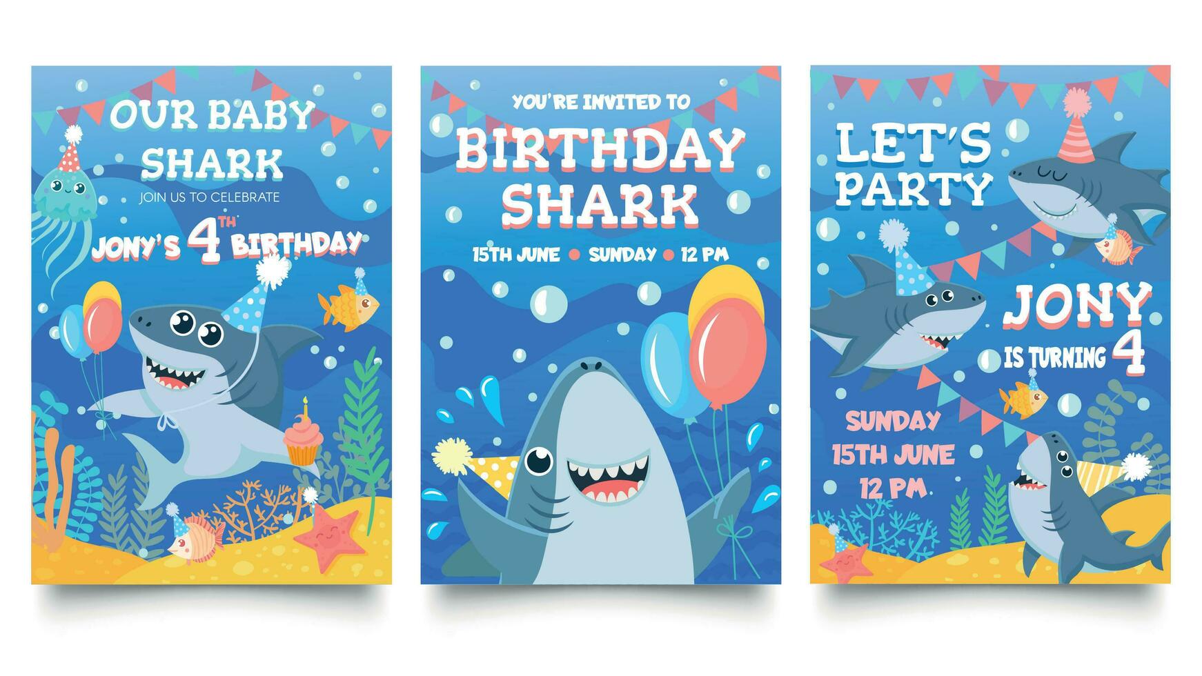 Einladung Karte mit süß Haie. Baby Hai Geburtstag Party, Haie Familie feiern Kinder Geburtstag und Einladungen Vorlage Karikatur Vektor Illustration