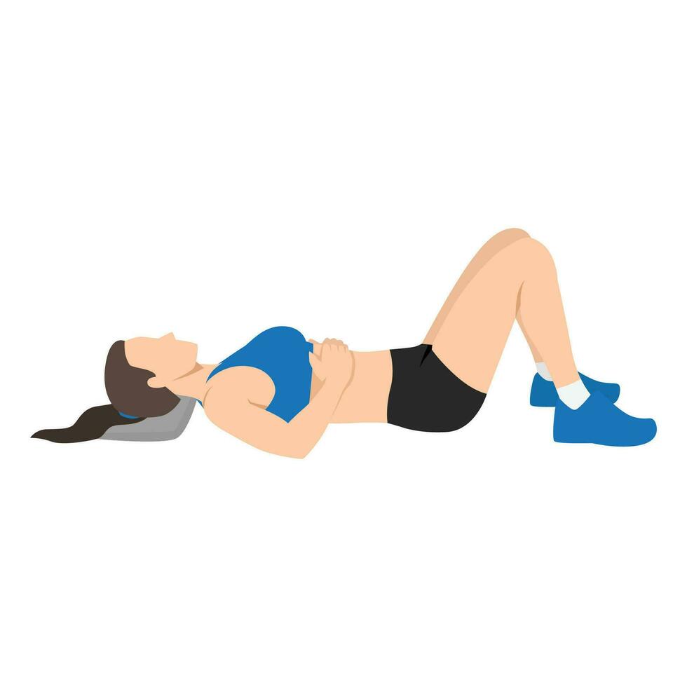 kvinna håller på med semi liggande på rygg om ner eller konstruktiv resten placera träning. vektor
