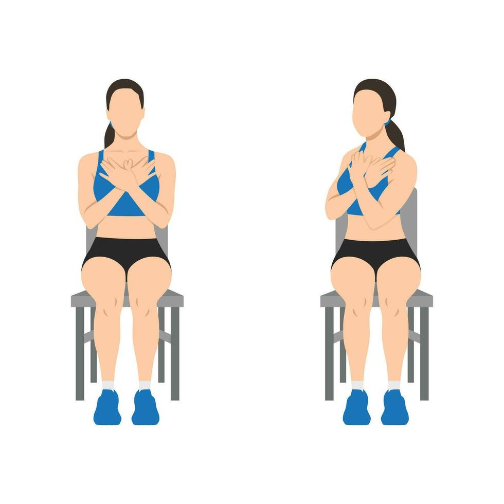 kvinna håller på med sittande gluteal och länd- rotation eller stol vrida träning. vektor