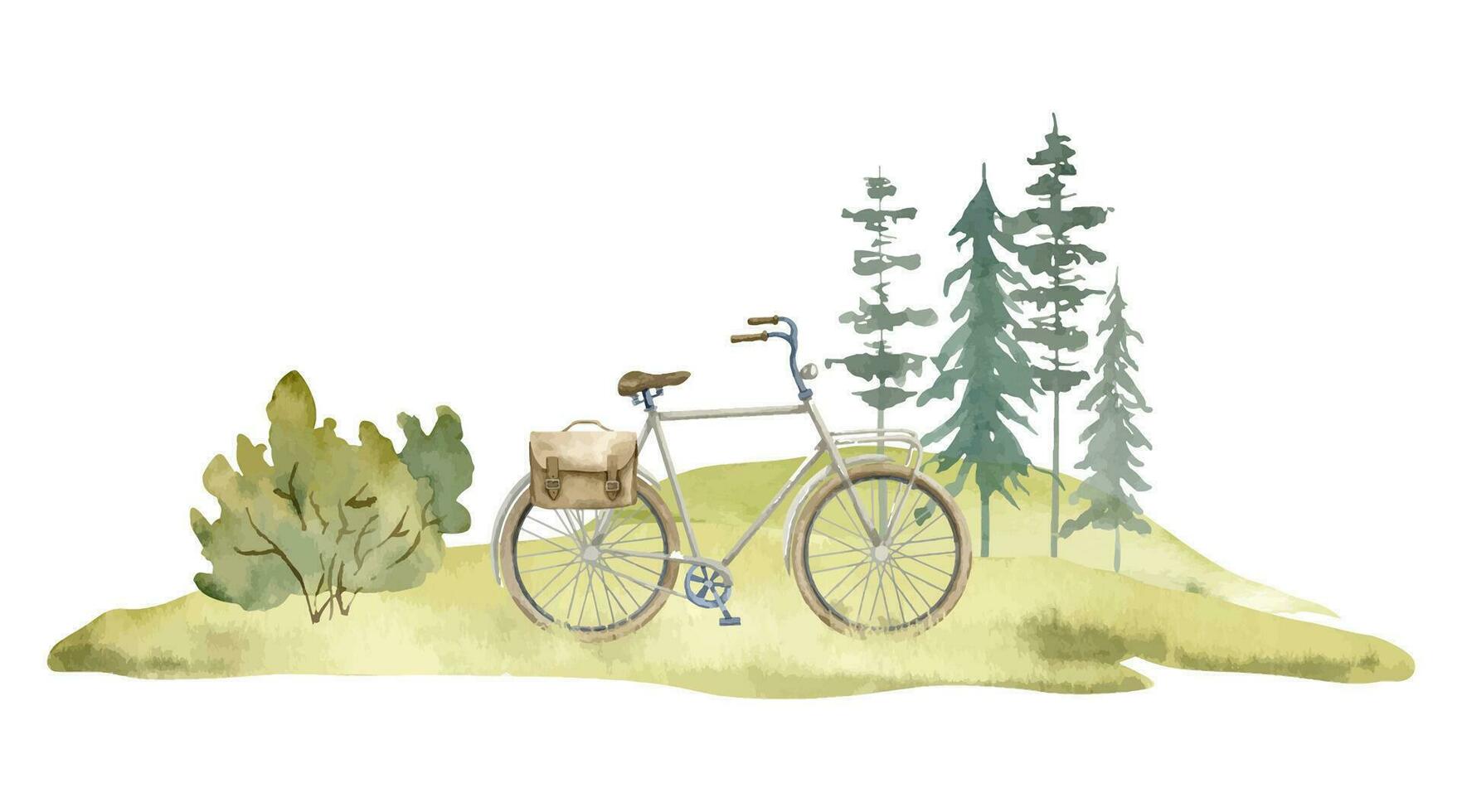 cykel med skog träd. hand dragen vattenfärg landskap i vit isolerat bakgrund. illustration av cykel för resa och picknick för baner eller inbjudningar. retro transport för äventyr vektor