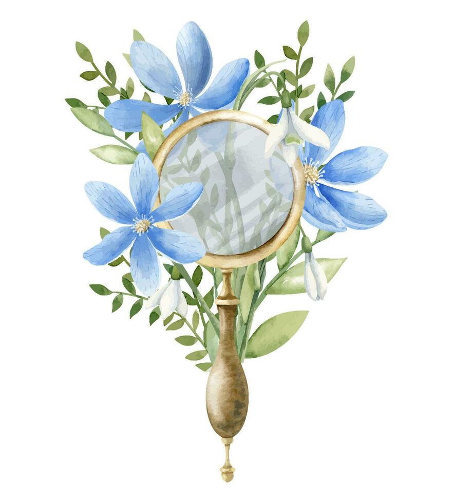 Glas Lupe mit Blau Blumen und Wald Pflanzen. Hand gezeichnet Aquarell Illustration von Jahrgang Fernweh Ausrüstung auf Weiß isoliert Hintergrund. Zeichnung von Lupe zum Reise und Erkundung vektor