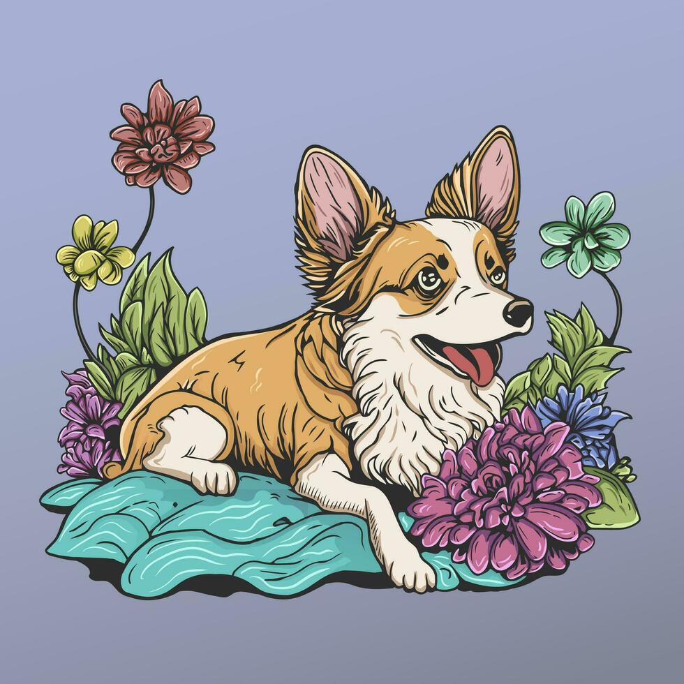 söt corgi hund med blommor i sommar tid illustration vektor