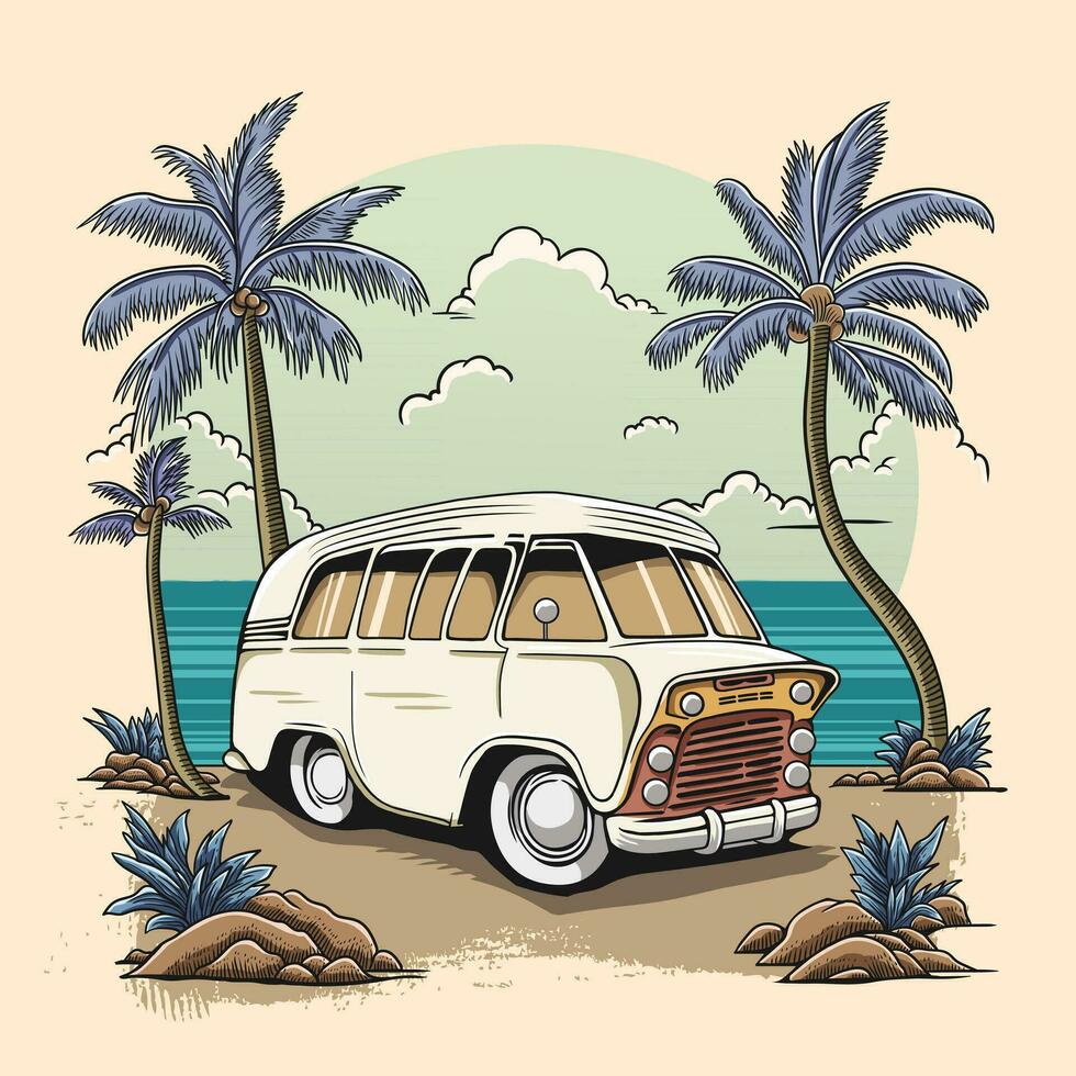 Jahrgang Auto im Strand Sommer- Zeit Vektor Illustration