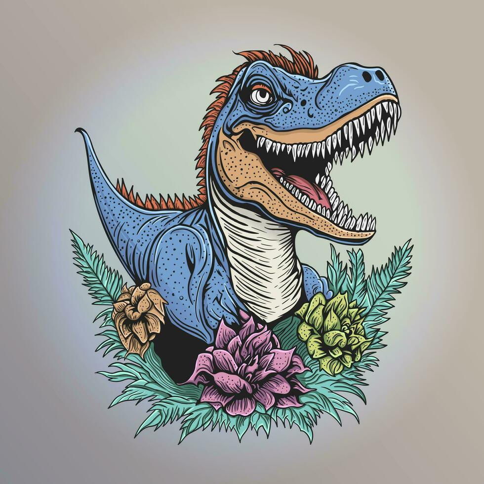 förhistorisk djur- dinosaurie rex med blommor illustration vektor