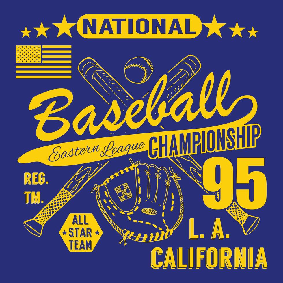 baseball sport typografi östliga ligan Los Angeles skiss av korsade baseball batsand handske tshirt utskrift design grafik vektor illustration affisch badge applikation etikett