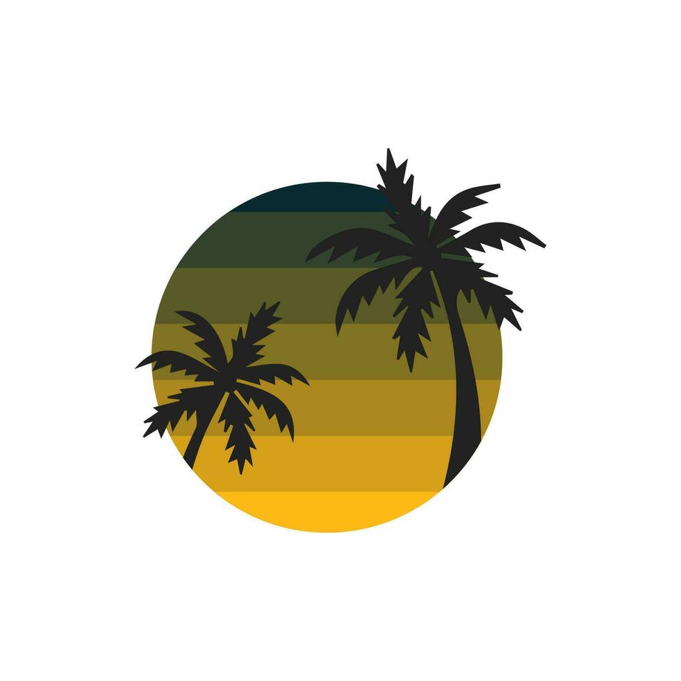 Sonnenuntergänge, Strand und Palme Baum. Stil 80er, und 90er. abstrakt Hintergrund mit ein sonnig Gradient. Silhouetten von Palme Bäume. Vektor Design Vorlage zum Logo, Abzeichen. isoliert Weiß Hintergrund.