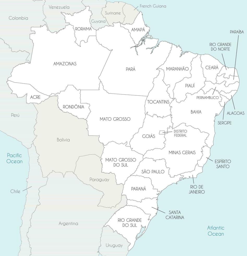 vektor Karta av Brasilien med stater och administrativ divisioner, och angränsande länder och områden. redigerbar och klart märkt skikten.