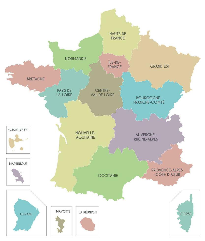 Vektor Karte von Frankreich mit Regionen und Gebiete und administrative Abteilungen. editierbar und deutlich beschriftet Lagen.
