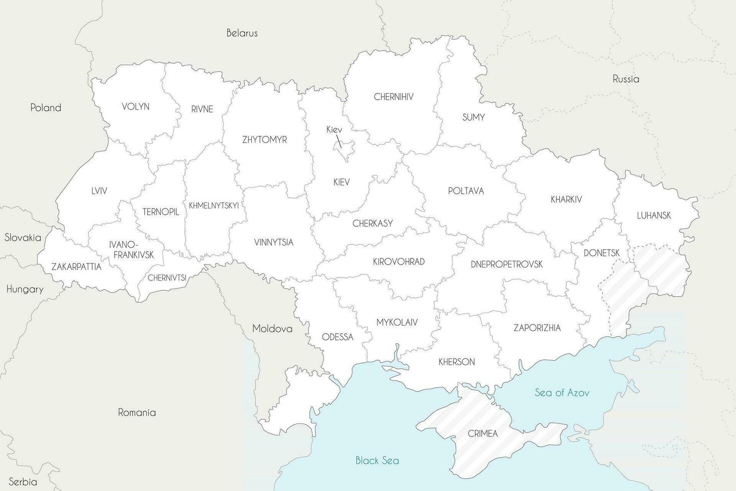 Karta av ukraina med regioner, administrativ uppdelningar och områden hävdade förbi Ryssland. redigerbar och klart märkt skikten. vektor